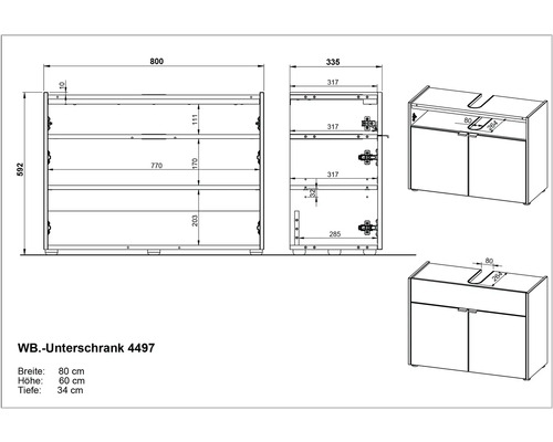 Technische Zeichnung Waschbeckenunterschrank mit Maßangaben