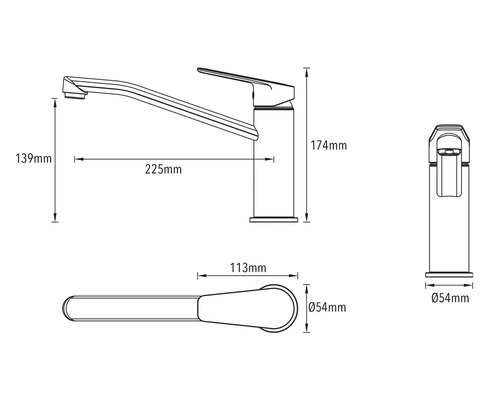 Technische Zeichnung einer Küchenarmatur mit Maßangaben