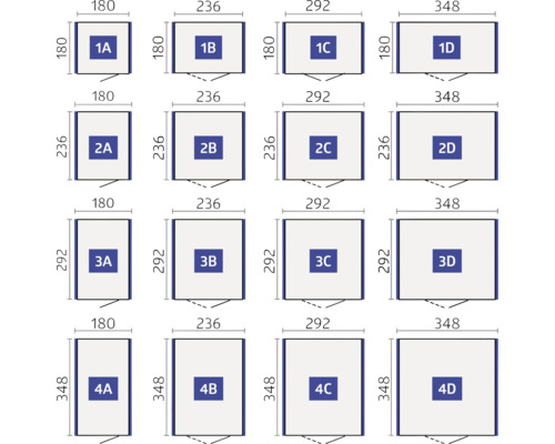 Größenübersicht mit den Formaten 1A, 1B, 1C, 1D, 2A, 2B, 2C, 2D, 3A, 3B, 3C, 3D, 4A, 4B, 4C und 4D mit Maßangaben