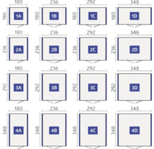 Schematische Darstellung verschiedener Größen mit Maßangaben in Millimetern.