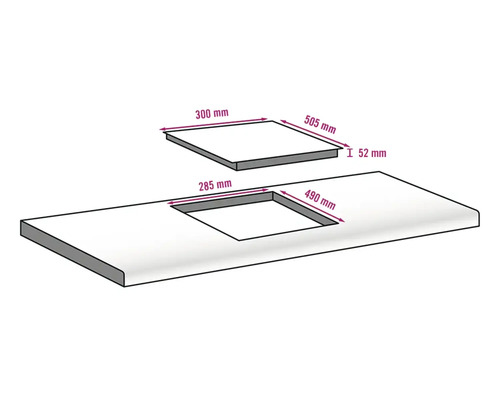 Abbildung einer Arbeitsplatte mit Ausschnitt und den dazugehörigen Maßangaben.