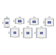 Abbildung verschiedener Gartenhausgrößen mit den Bezeichnungen HS, H1, H2, H3, H4, H5 und H6 sowie Maßangaben.