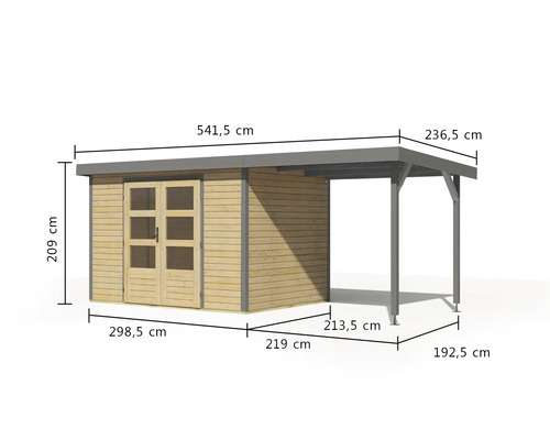 Abbildung eines Gerätehauses mit Carport und Maßangaben.