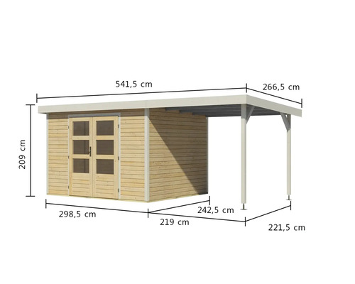 Abbildung eines Gartenhauses aus Holz mit den Maßangaben.