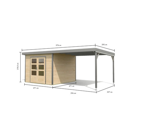 Abbildung eines Gartenhauses mit Carport und Maßangaben
