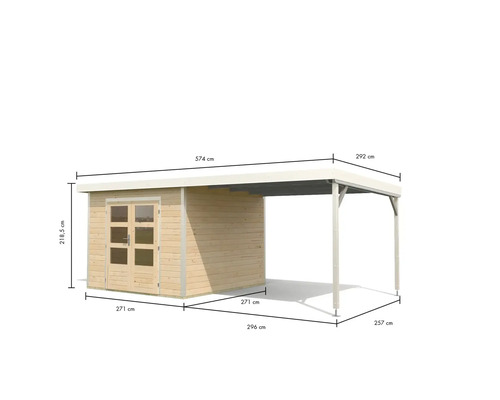 Abbildung eines Gartenhauses mit Carport und Maßangaben.