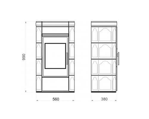 Technische Zeichnung eines Kaminofens mit Maßangaben