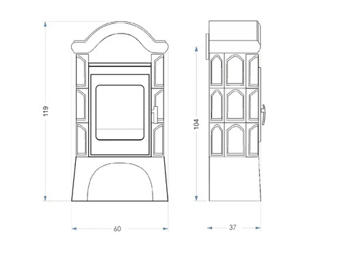 Technische Zeichnung eines Kaminofens mit Maßangaben
