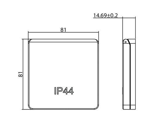 Technische Zeichnung mit den Maßen 81 x 81 x 14,69 Millimeter und Schutzart IP44.