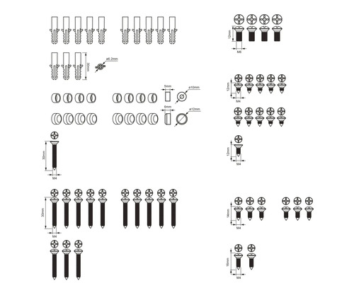 Technische Zeichnung von Dübeln, Schrauben und Unterlegscheiben mit Größenangaben