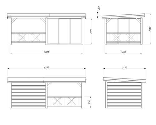 Technische Zeichnung eines Pavillons mit Maßangaben