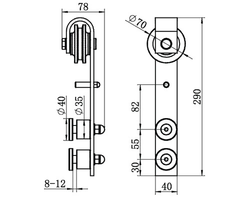 Technische Zeichnung eines Türrollenbeschlags mit Maßangaben