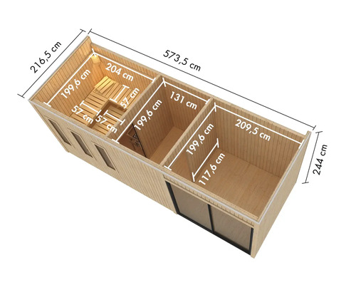 Grundriss einer Holzgartenhaus Sauna mit Maßangaben.