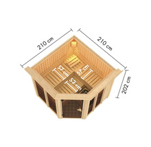 Draufsicht Ecksauna mit den Maßen 210 cm mal 210 cm mal 202 cm.