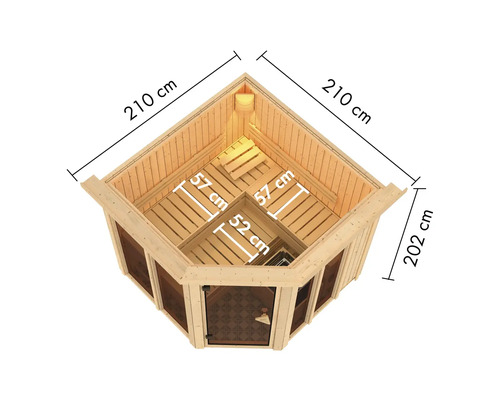 Draufsicht Ecksauna mit den Maßen 210 cm mal 210 cm mal 202 cm.
