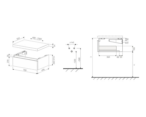 Technische Zeichnung eines Waschtischunterschranks mit Maßangaben.