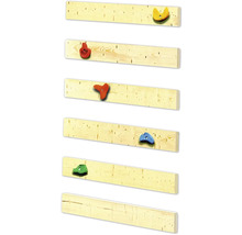Kletterwand mit verschiedenen Klettergriffen aus Holz