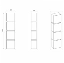 Technische Zeichnung eines hohen Badezimmerschranks mit vier Fächern und den Maßen 1700 x 400 x 260 Millimeter.