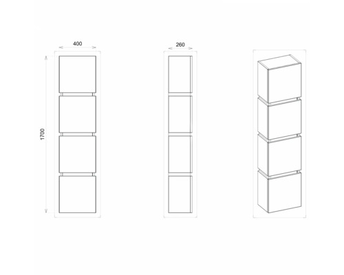 Technische Zeichnung eines hohen Badezimmerschranks mit vier Fächern und den Maßen 1700 x 400 x 260 Millimeter.