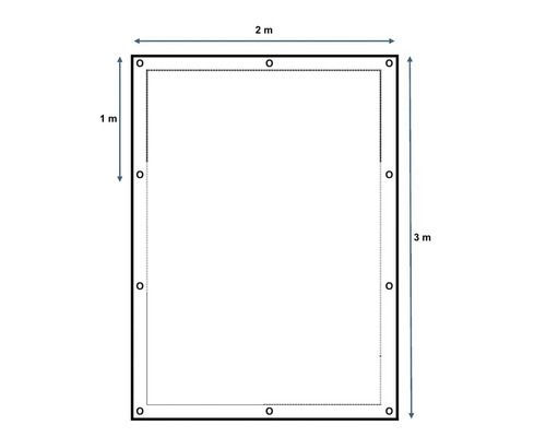 Illustration eines rechteckigen Objekts mit den Maßen 2 Meter mal 3 Meter und einer Tiefe von 1 Meter