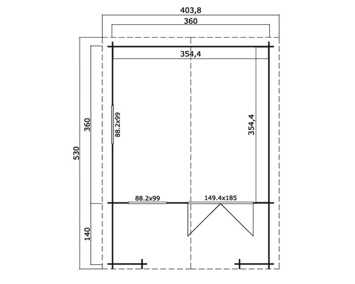 Grundrisszeichnung eines Gartenhauses mit Maßangaben