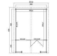 Grundrisszeichnung eines Gartenhauses mit Maßangaben
