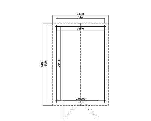 Grundrisszeichnung eines Gartenhauses mit Maßangaben.