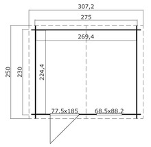 Grundrisszeichnung eines Gartenhauses mit Maßangaben