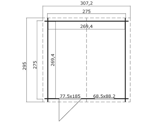 Grundrisszeichnung eines Gartenhauses mit Maßangaben