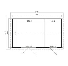 Grundrisszeichnung eines Gartenhauses mit Maßangaben
