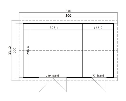 Grundrisszeichnung eines Gartenhauses mit Maßangaben