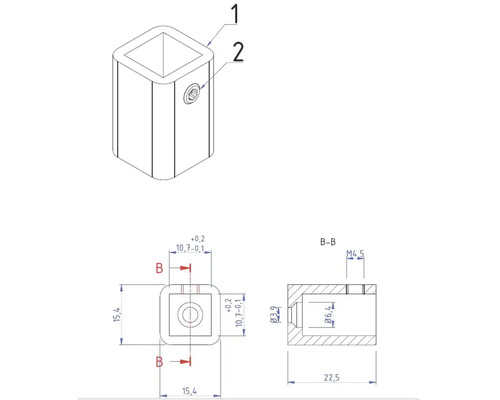 Technische Zeichnung eines Vierkantrohrverbinders mit Maßangaben