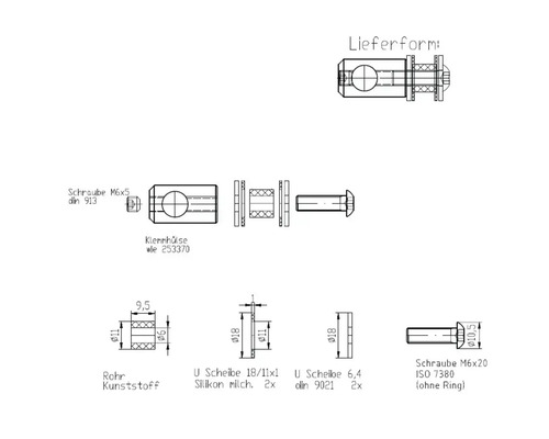 Technische Zeichnung von Rohr, Schrauben und Scheiben mit Maßangaben