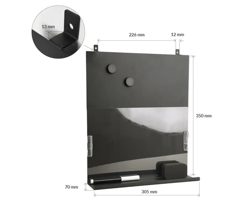 Schwarzes magnetisches Whiteboard mit Stift, Radiergummi und Maßangaben