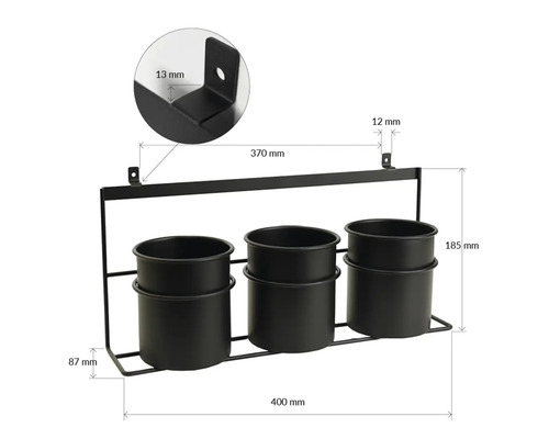 Metall-Pflanzenhalter zur Wandmontage mit drei Töpfen und Maßangaben