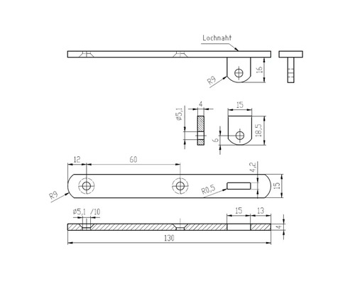 Technische Zeichnung eines Beschlags mit Maßen.