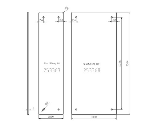 Technische Zeichnung Glasfüllung mit Maßangaben