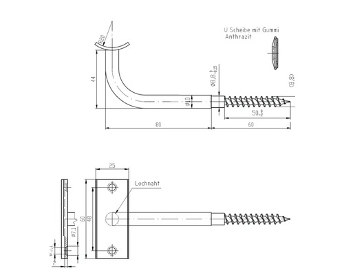 Technische Zeichnung eines Halters mit Schraube und Gummischeibe