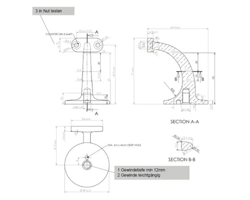 Technische Zeichnung eines Geländerpfostens mit Maßangaben