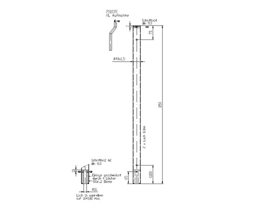 Technische Zeichnung einer HL Aufnahme mit Maßen und Details