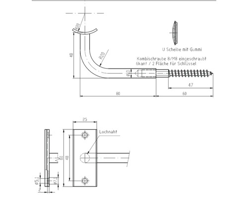 Technische Zeichnung eines Wandhaken-Sets mit Schraube