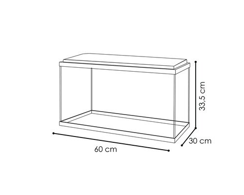 Aquarium mit den Maßen 60 cm Länge, 30 cm Breite und 33,5 cm Höhe.
