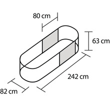 Illustration eines ovalen Hochbeets mit den Maßen 242 cm Länge, 82 cm Breite und 63 cm Höhe.