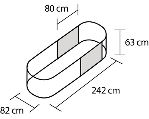Illustration eines ovalen Hochbeets mit den Maßen 242 cm Länge, 82 cm Breite und 63 cm Höhe.