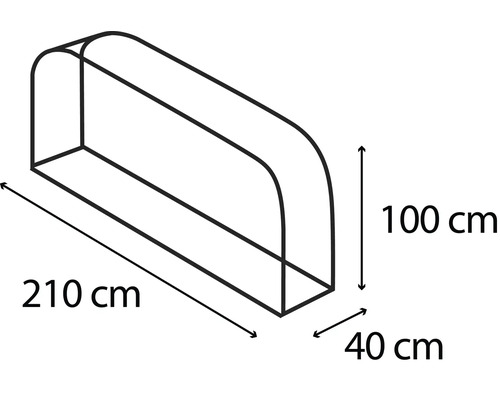 Abbildung eines Hochbeettunnels mit den Maßen 210 mal 40 mal 100 Zentimeter