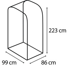 Abbildung einer Kleiderständer-Konstruktion mit den Maßen 223 cm Höhe, 99 cm Breite und 86 cm Tiefe.