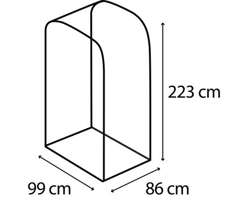 Abbildung eines Kleiderschrankrahmens mit den Maßen 223 cm Höhe, 99 cm Breite und 86 cm Tiefe.