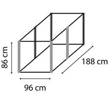 Abmessungen eines Regals: 86 Zentimeter hoch, 96 Zentimeter breit und 188 Zentimeter tief.