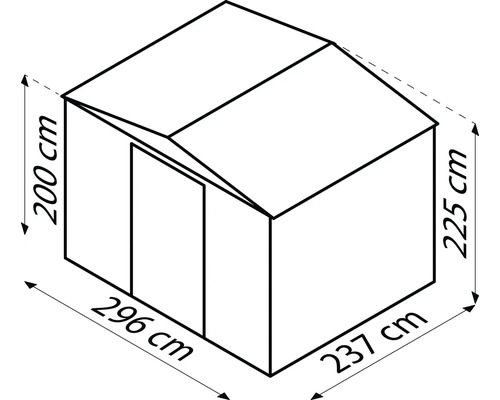Abmessungen eines Gerätehauses: 296 cm x 237 cm x 225 cm, Höhe: 200 cm