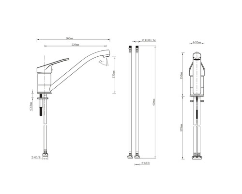 Technische Zeichnung einer Armatur mit Maßangaben